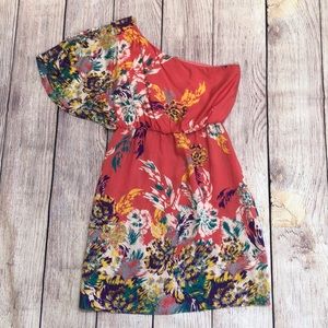 Francesca's, Blue Rain, One shoulder floral dress